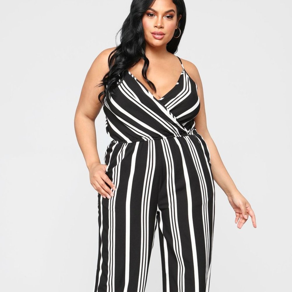 FashionNova “Love The Rush Stripe Jumpsuit” Black & White